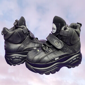 Vtg 90s Buffalo London Black Classic Leather Platform Chunky High Sneaker 37